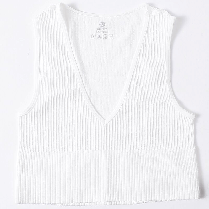 Women's ribbed seamless white V-neck tank top, comfortable and breathable for yoga and sports, made from polyester and spandex.